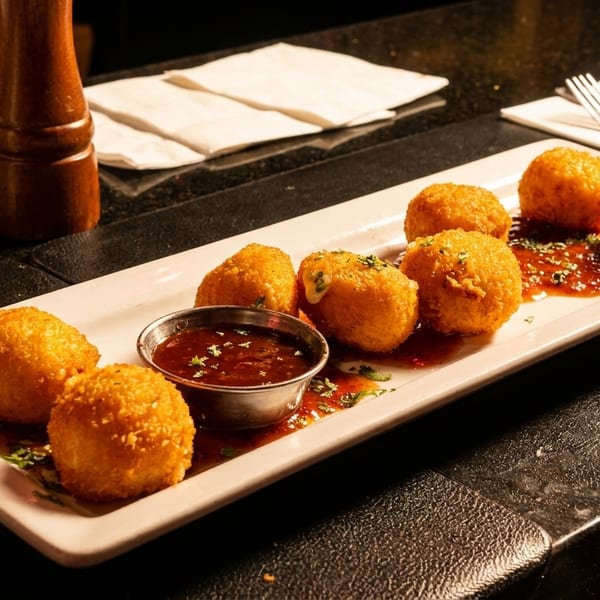 Golden fried appetizer balls with dipping sauce on a white rectangular plate.