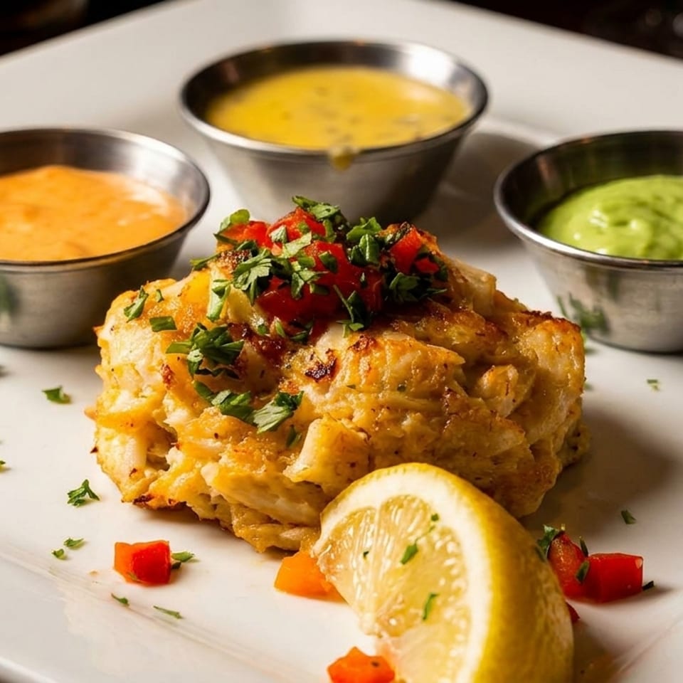 Golden-brown crab cake with herbs, lemon, and three colorful dipping sauces on a white plate.