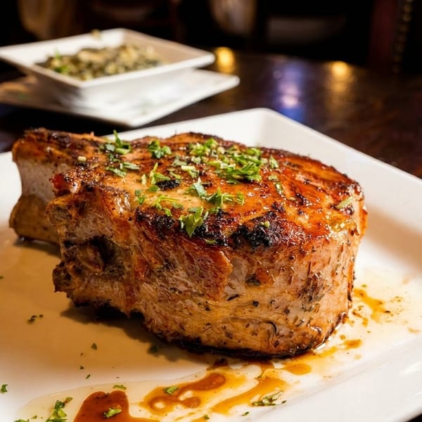 Thick grilled pork chop garnished with fresh herbs and pan juices on a white plate.