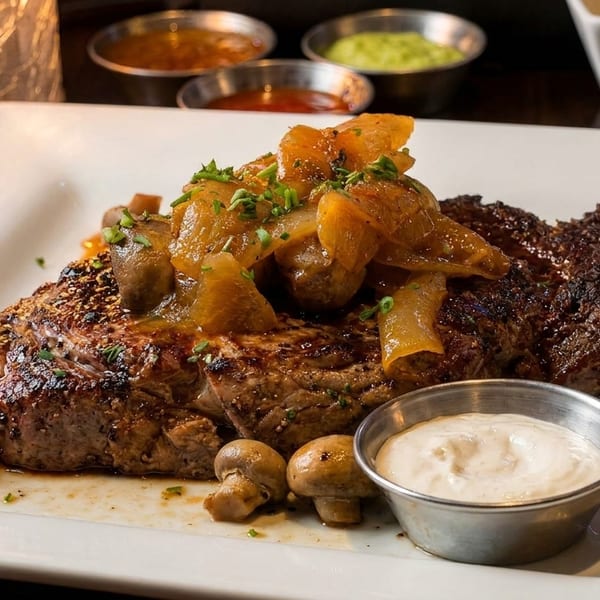 Grilled steak topped with caramelized onions and mushrooms, served with a side sauce on a white plate.